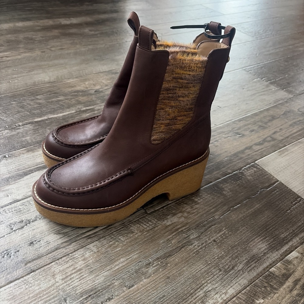 Coach Delaney Brown Leather and Wool Chelsea Boots‎ Size 9.5 Chunky Platform Y2K